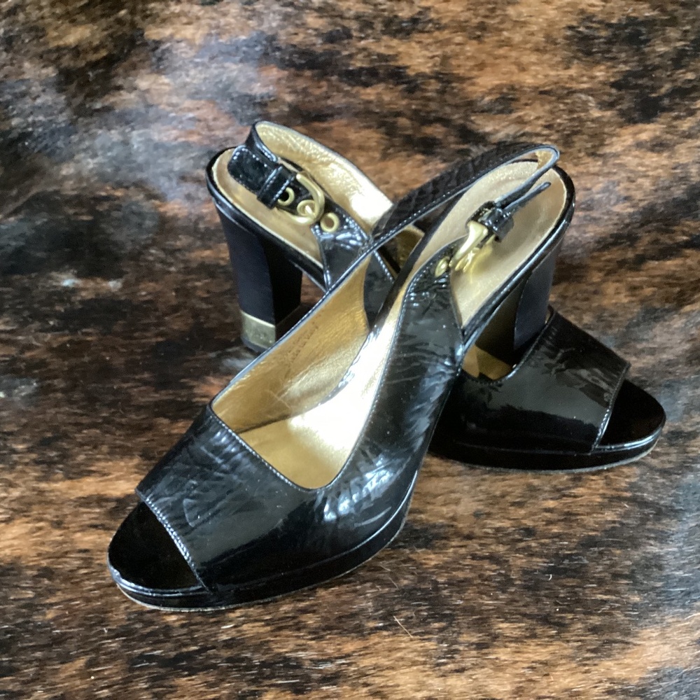 Coach Gem Black Patent Leather Sling Back Peep Toe Heels